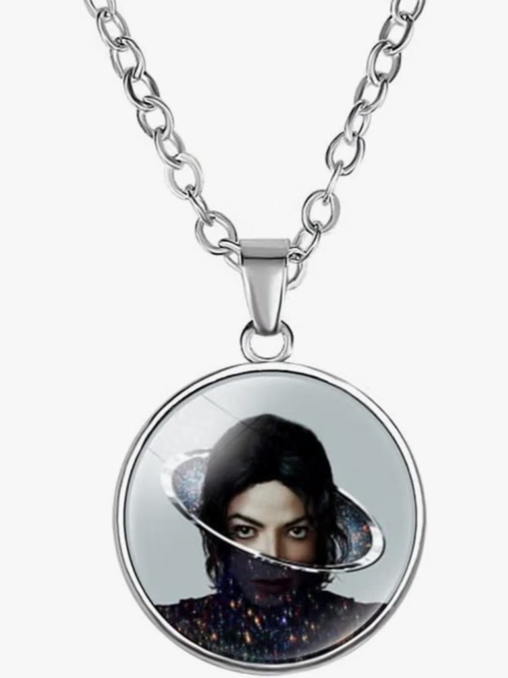 Michael Jackson Silver-tone Round Photo Pendant Necklace